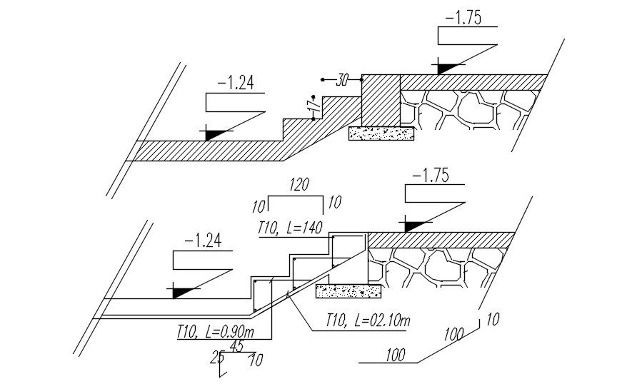 Cross section of staircase with formwork and reinforcement details in AutoCAD 2D drawing, dwg file, CAD file