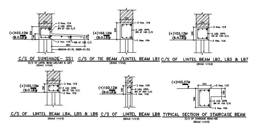 Cross section of sunshade, tie beam lintel beam and staircase beam details are given in this 2D Autocad DWG drawing file. Download the Autocad DWG drawing file.
