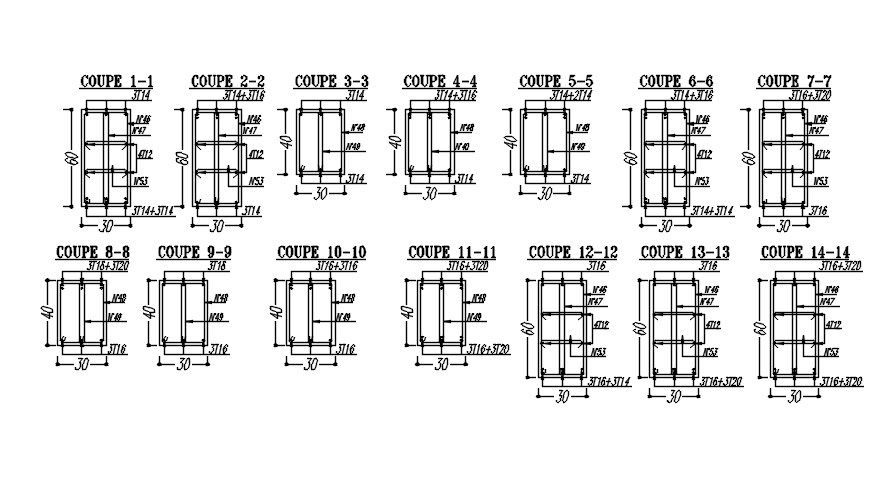Cross section of transverse reinforcement bar layout plan design 2DAutocad DWG file.