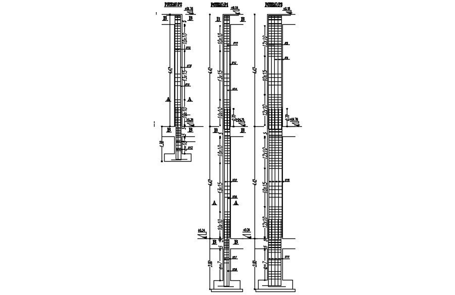 Cross sections of different columns with reinforcement details in AutoCAD 2D drawing, CAD file, dwg file