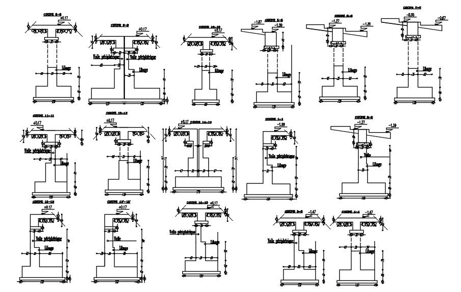 Cross sections of different structures with formwork details in AutoCAD 2D drawing, CAD file, dwg file