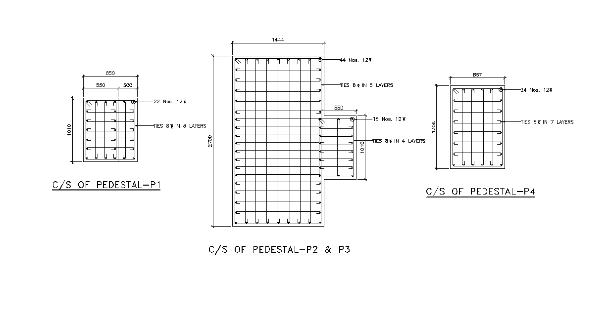 Cross sections of pedestal details are given in this 2D Autocad DWG drawing file. Download the 2D Autocad DWG drawing file.