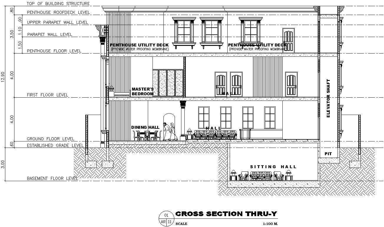Cross section through y of pent house AutoCAD drawing