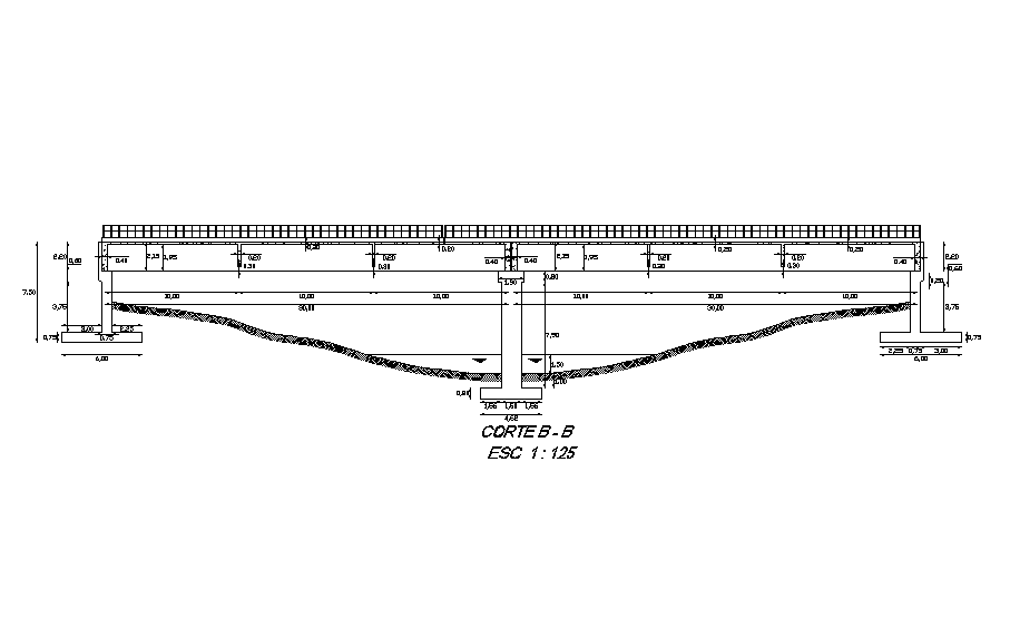 Cross section view of 60x20m bridge plan is given in this Autocad drawing file. Download the Autocad file.