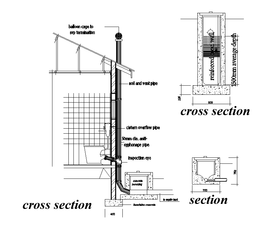 Cross section view of septic tank pipe lines are given in this drawing model. Download now.