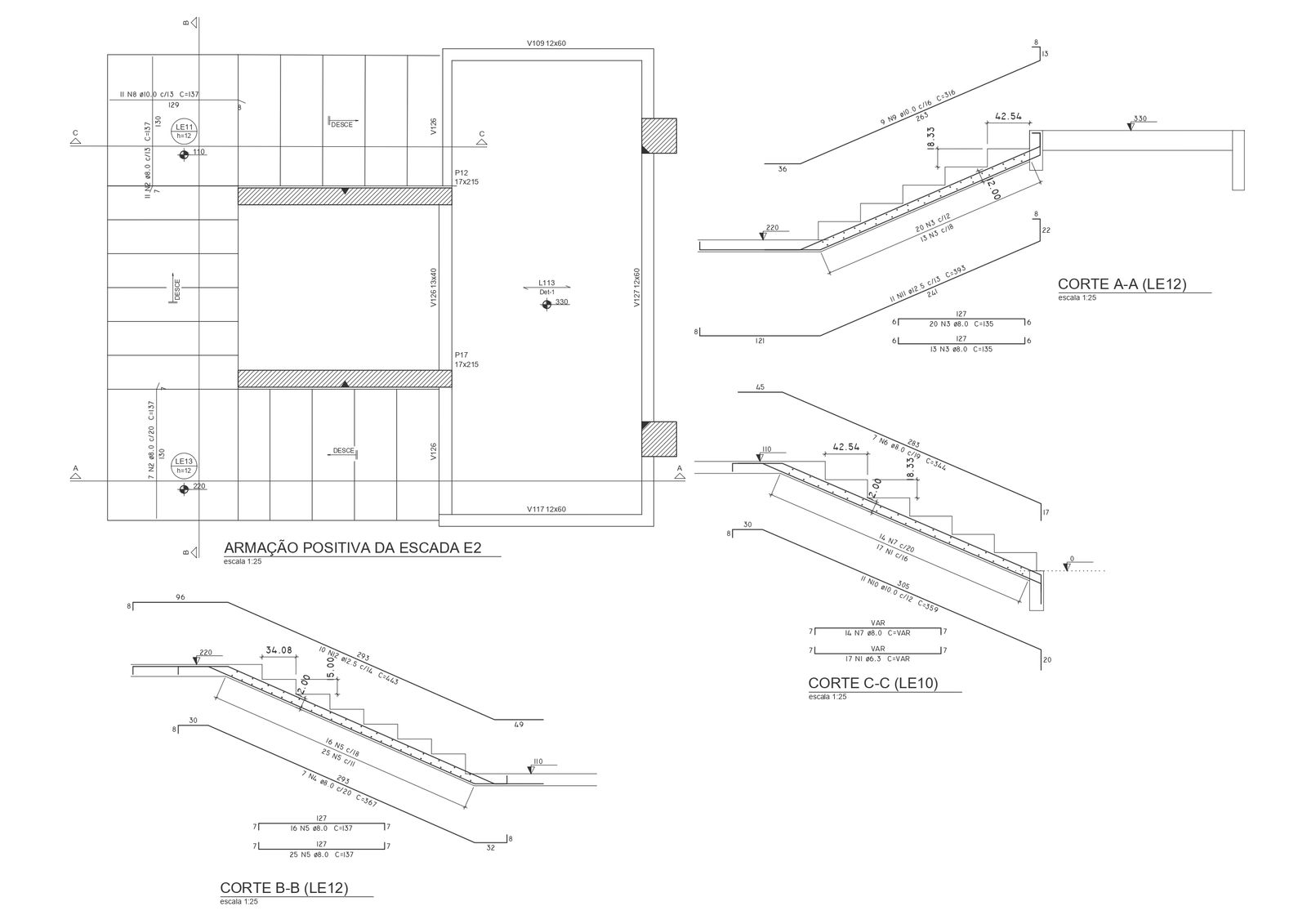 C shaped staircase plan section and elevation detail DWG autoCAD drawing