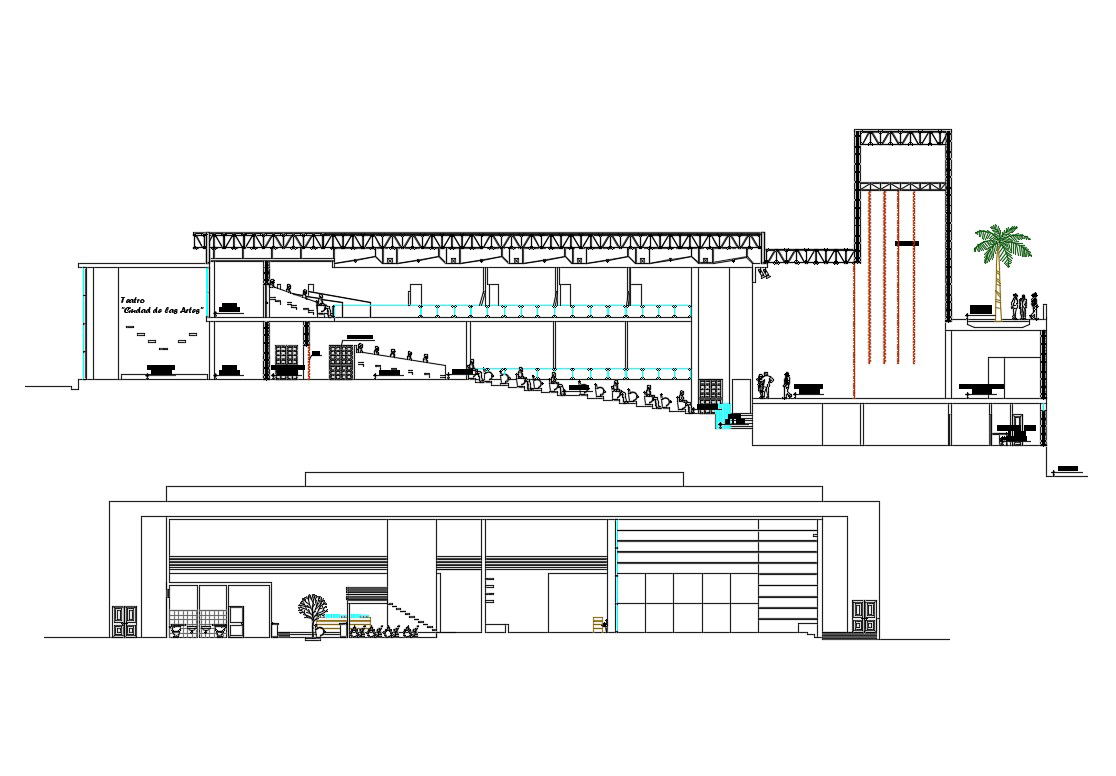 Cultural center facade and back section cad drawing details dwg file