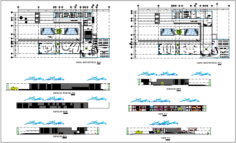 Cultural center plan,elevation and section view dwg file