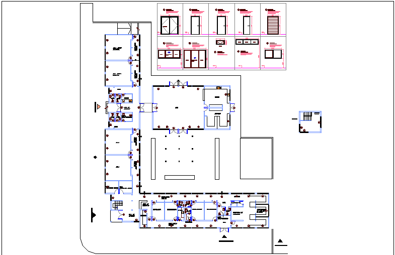 Cultural center plan with door and window detail view dwg file