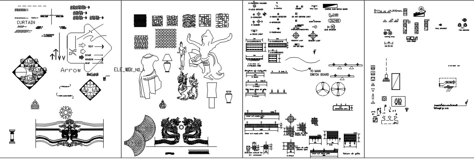 Curtain, hatch, and different symbols design in AutoCAD 2D drawing, CAD file, dwg file