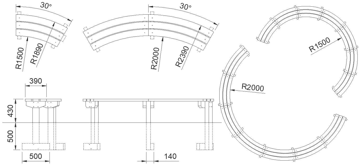 Curved bench design with stainless steel material detailed plan sections and elevation with 3D view DWG autoCAD drawing