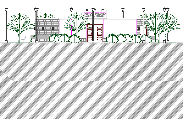 Cut front elevation view with tree and plant of office dwg file