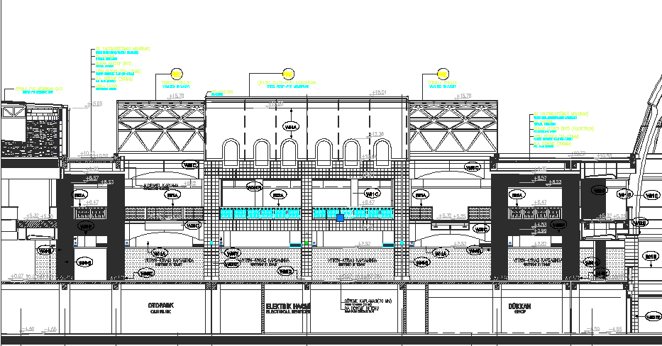 Cut sectional view details of traditional type mall dwg file