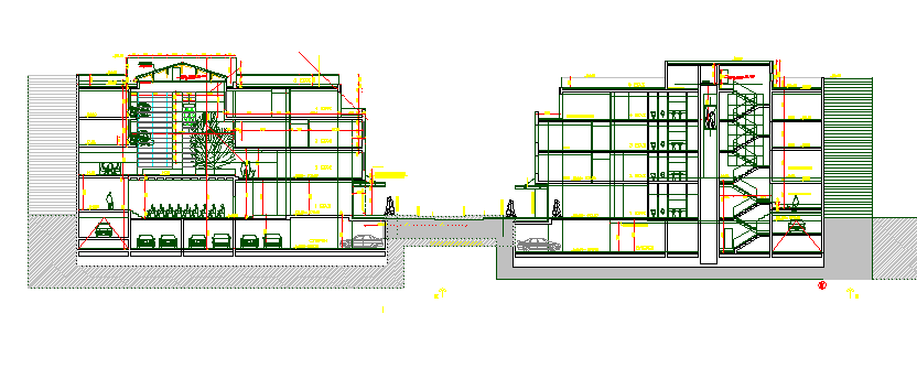 Cut sectional view of multi-flooring office building dwg file