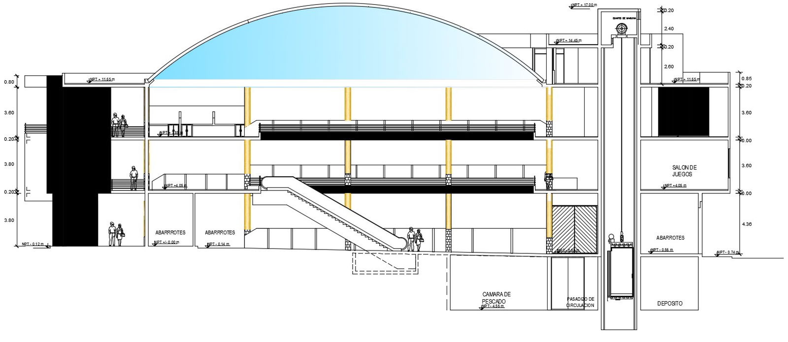Cut section view of 46x33m food factory building is given in this Autocad drawing file. Download now.