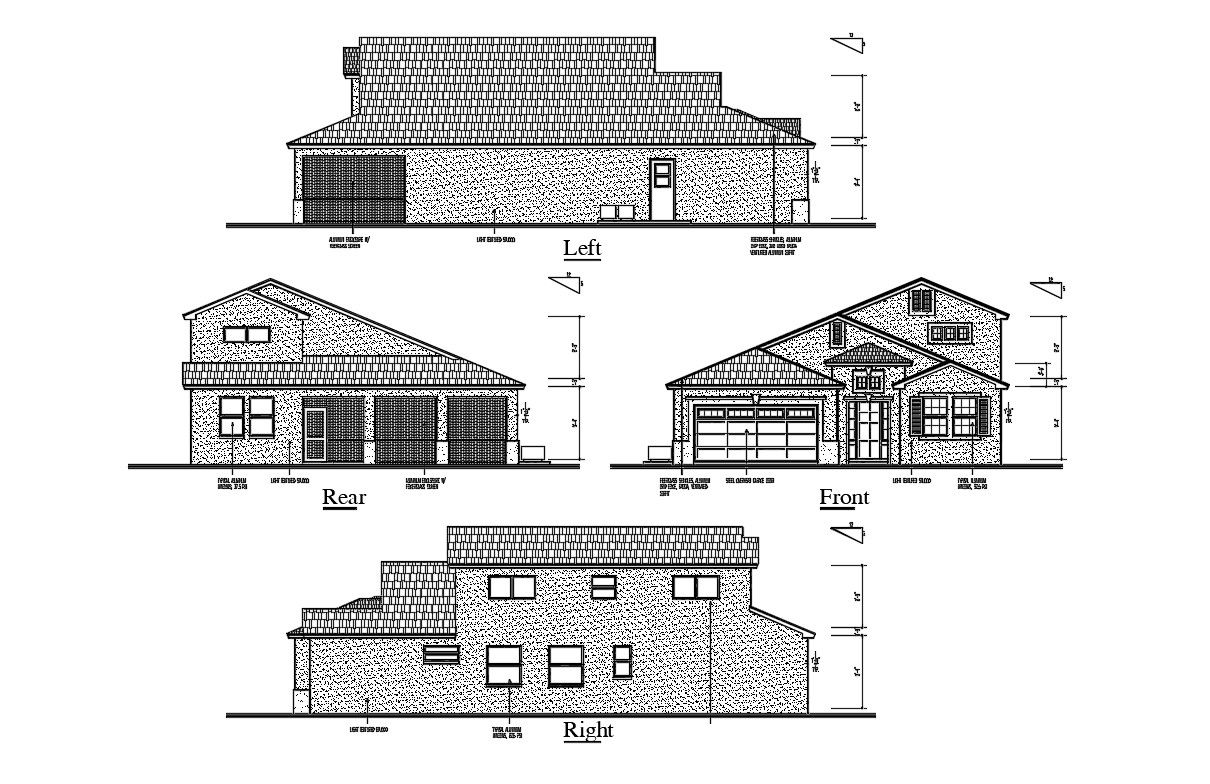 DWG Drawing Four Side Traditional Elevation Of Huge Bungalow AutoCAD File