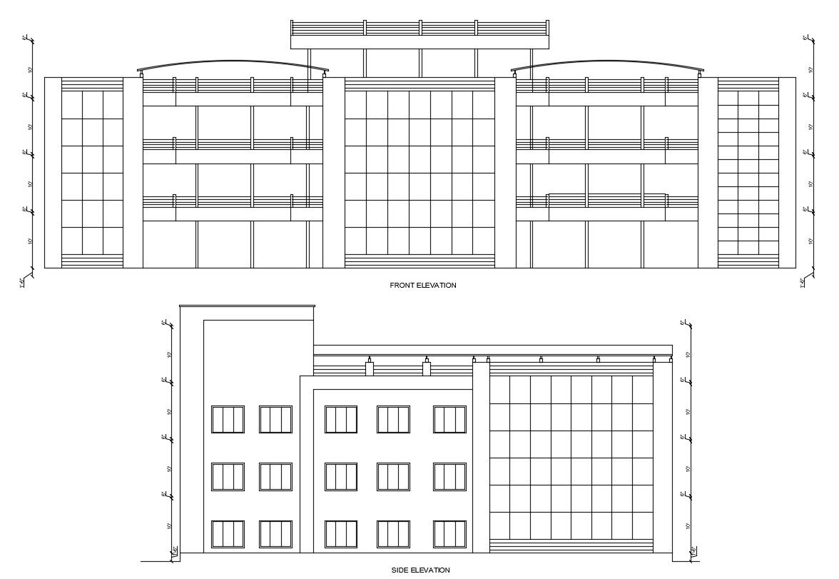 DWG Drawing Front And Side Elevation Of Commercial Building AutoCAD File