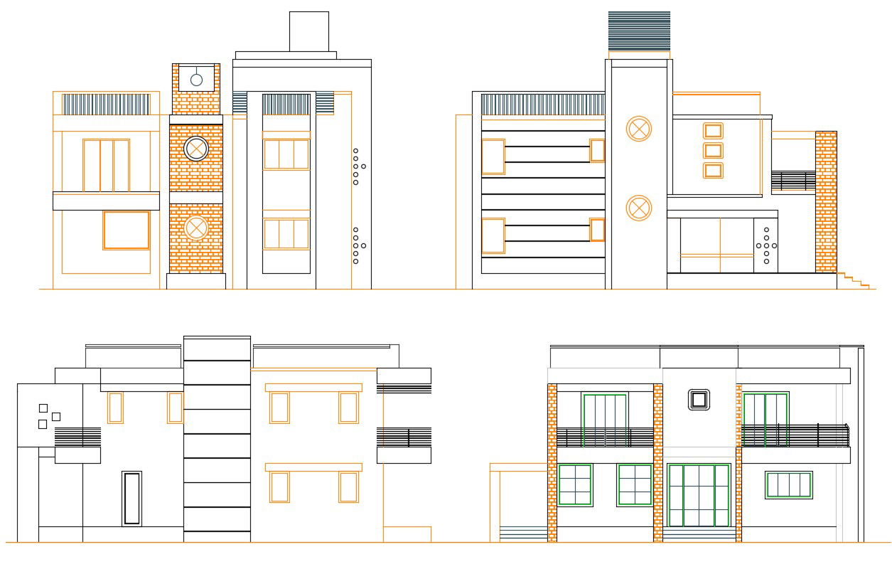 DWG Drawing Modern Style Four Side Bungalow Elevation Design AutoCAD File
