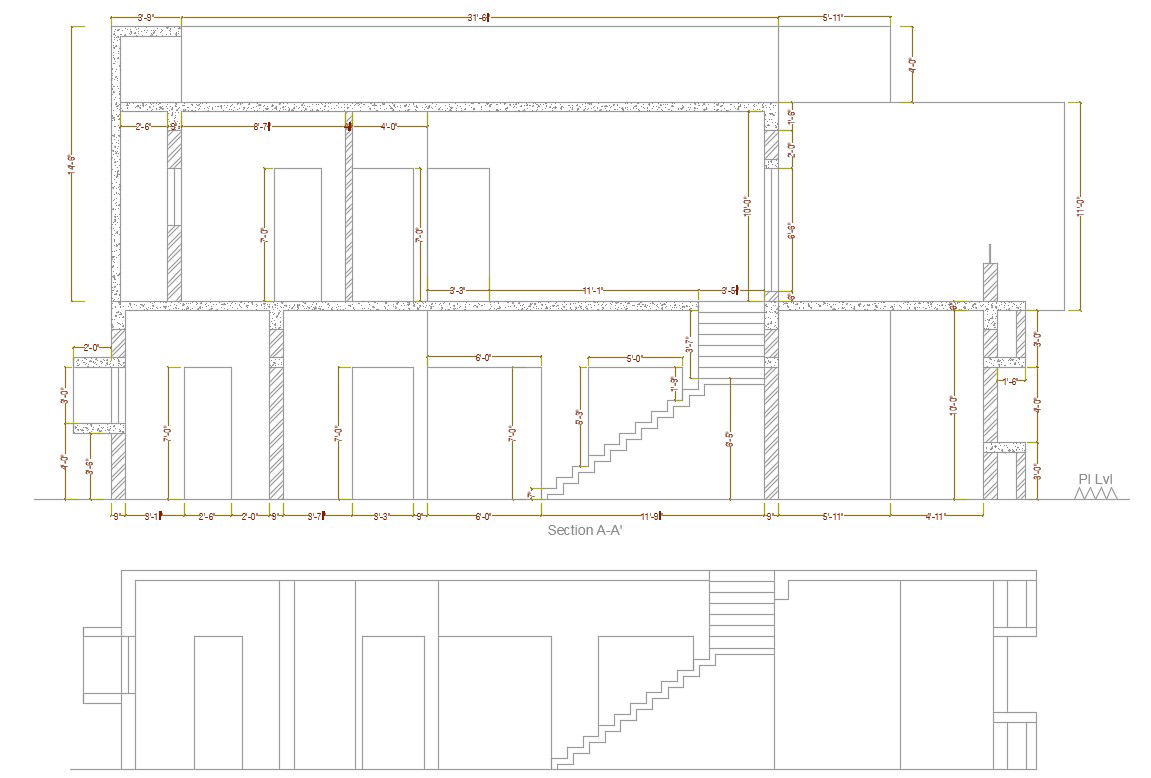 DWG Drawing Section Of Bungalow With Working Dimension AutoCAD File