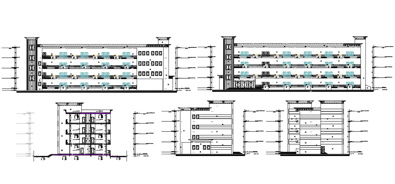 DWG File Of Four Side Elevation Of College With Section AutoCAD Drawing