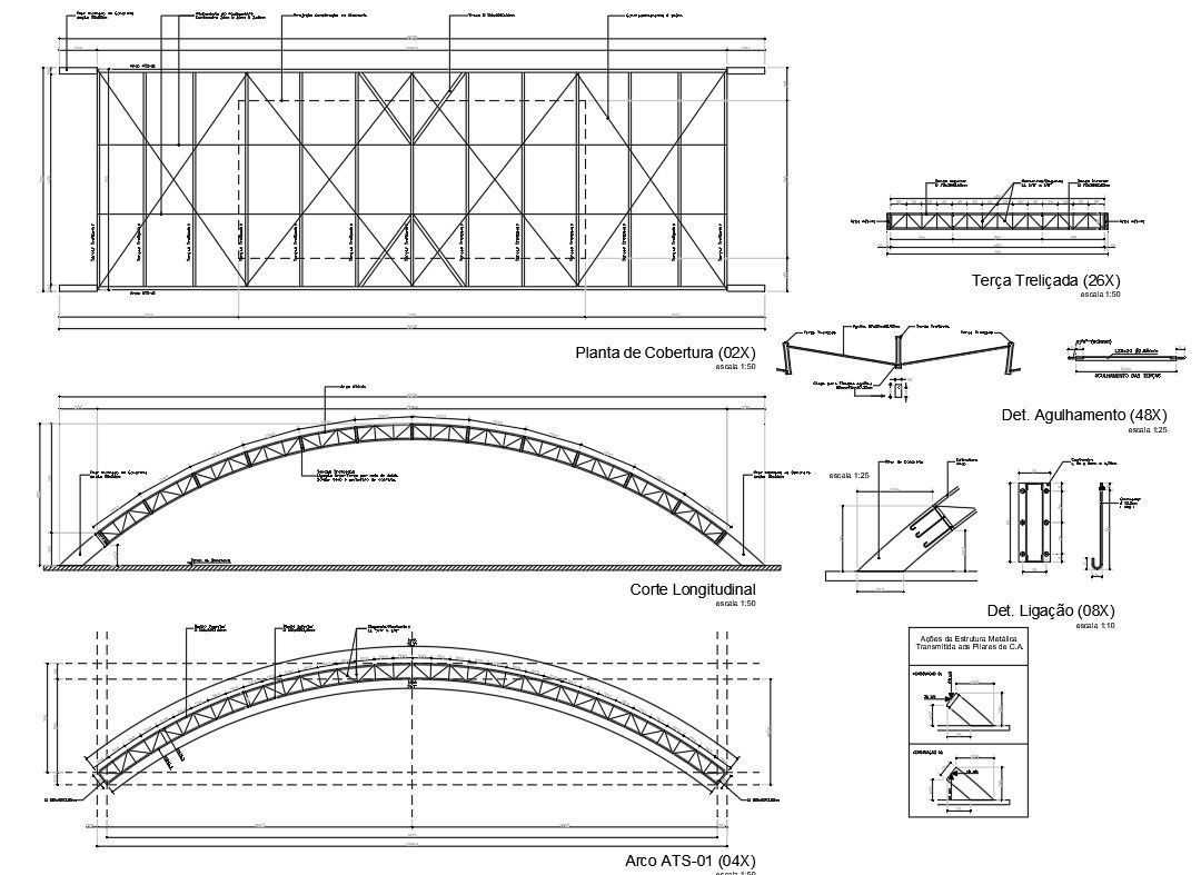 DWG 2D AutoCAD Drawing of the curved steel truss metallic structure project plan drawing details is given. Download the AutoCAD 2D DWG file.