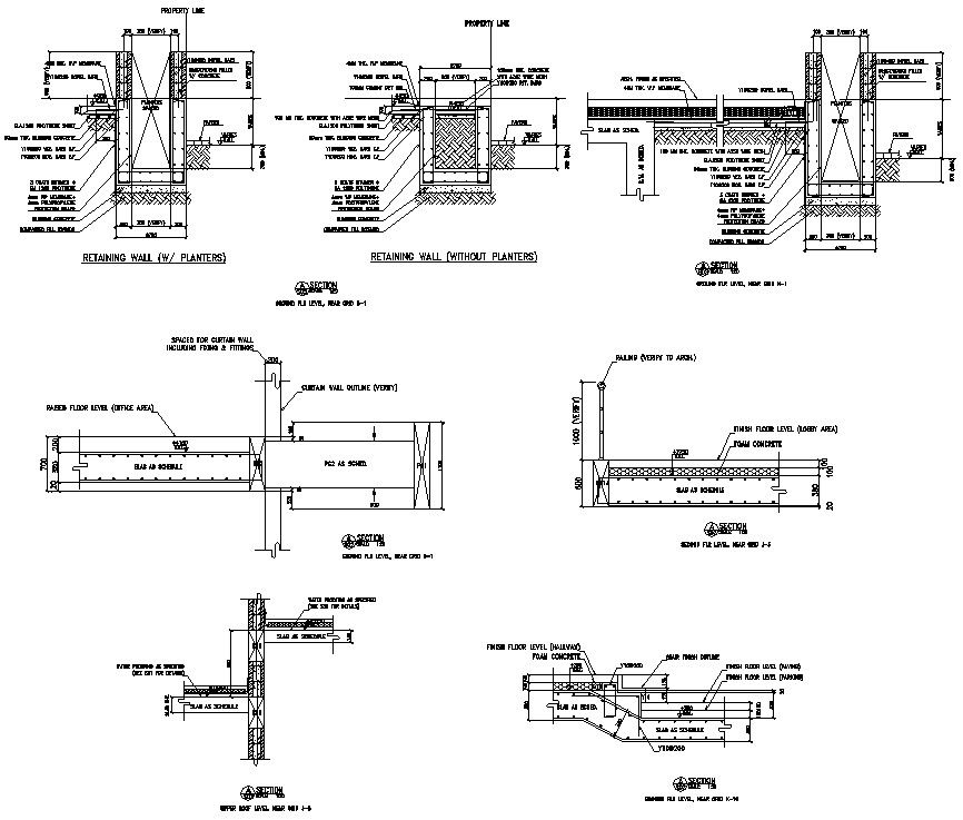 DWG 2D CAD file of the retaining with and without planters section details, Download the AutoCAD DWG file.