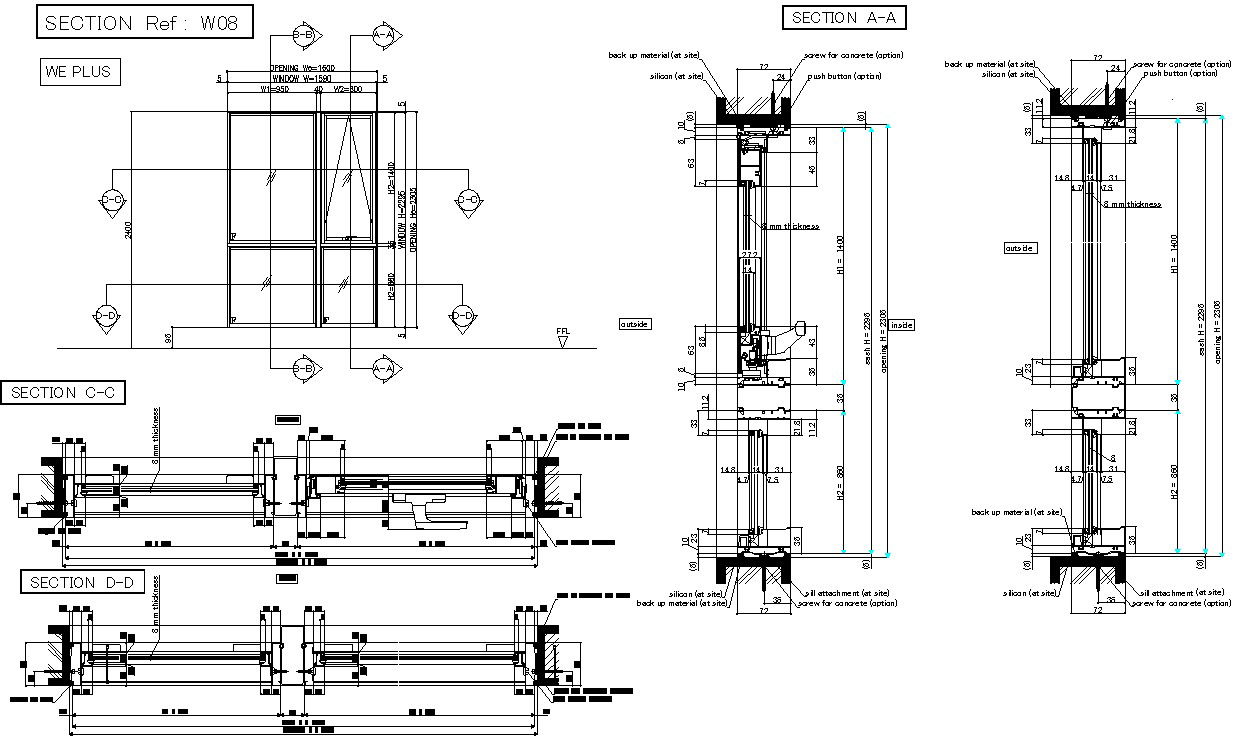 DWG AutoCAD 2D file of the long window section and elevation details. Download the AutoCAD 2D DWG file.
