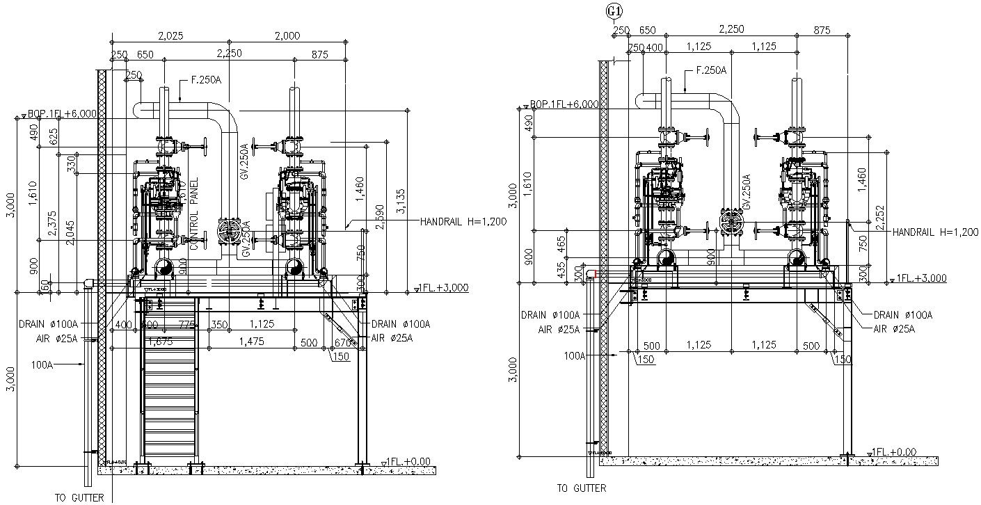 DWG AutoCAD drawing file of the drain motor connection elevation and section drawing.Download the AutoCAD DWG file.