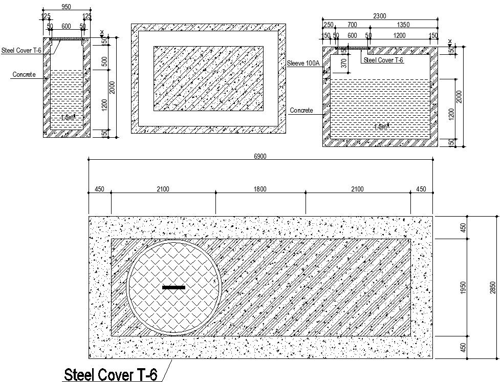 DWG AutoCAD drawing file of the septic tank elevation and section details. Download the AutoCAD DWG file.