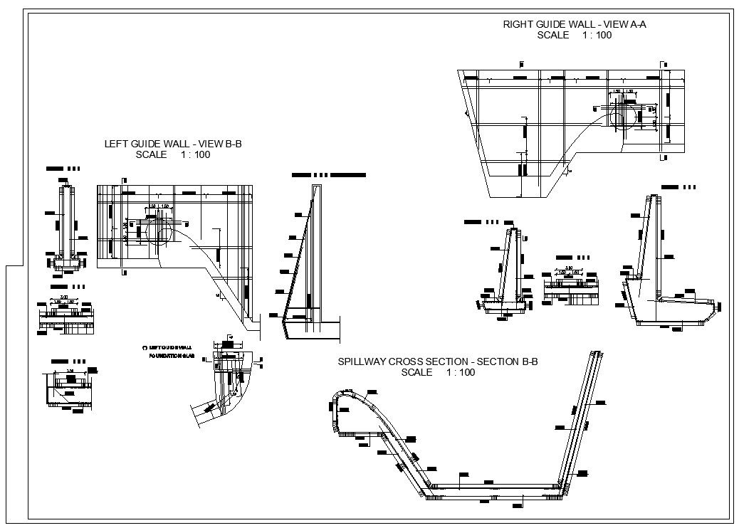 DWG AutoCAD drawing file of the spillway cross-section plan and left guide wall details. Download the AutoCAD 2D DWG file.