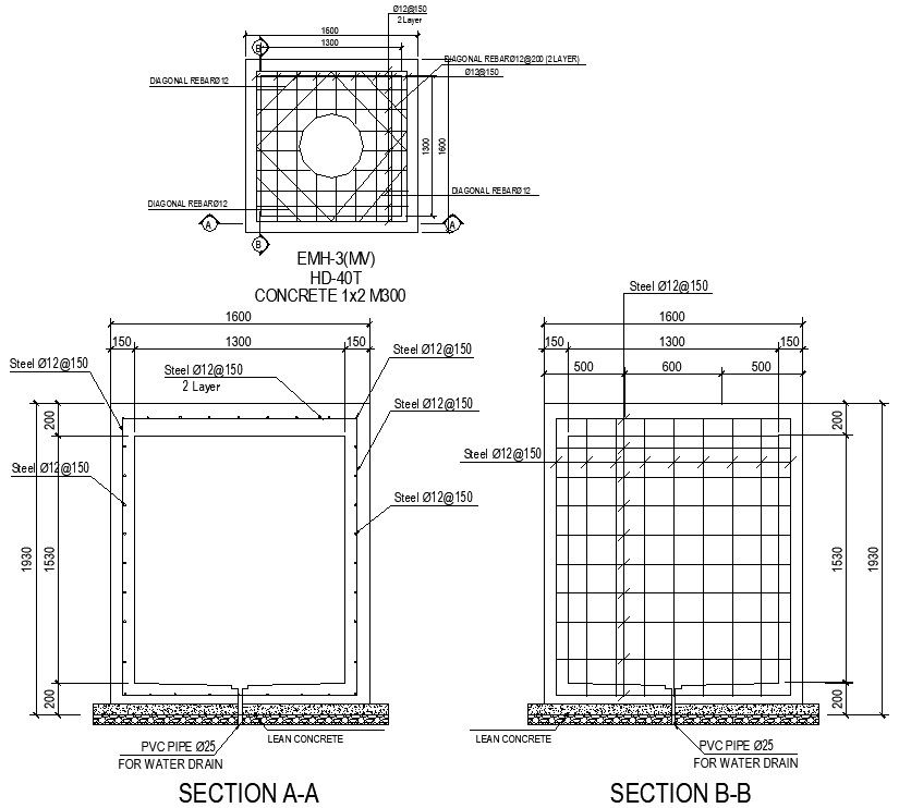DWG AutoCAD drawing file of the water drain section details. Download the AutoCAD 2D DWG file.