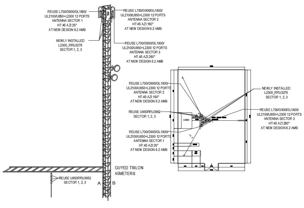 DWG Autocad drawing file shows plan and elevation detail Guyed Trylon Tower Electric Details.Download the AutoCAD 2D DWG file.