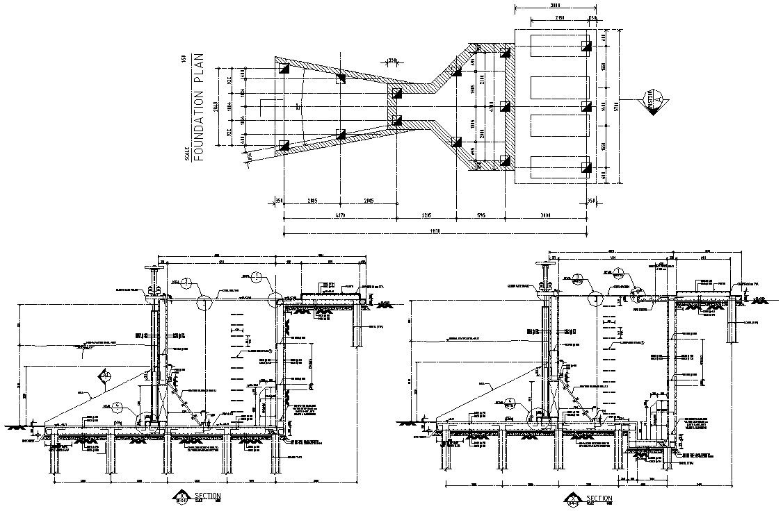 DWG Drawing 2D file shows the details of the section and foundation plan.Download the AutoCAD DWG file.