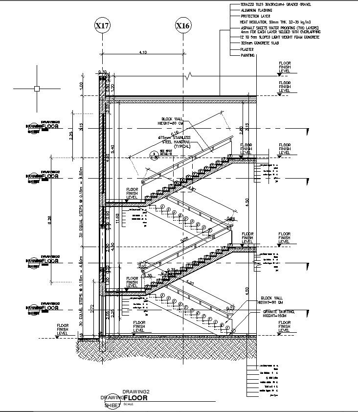 DWG File for Staircase Sectional Elevation Construction CAD Drawing