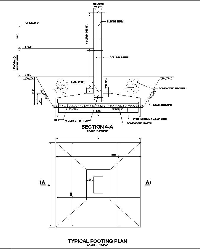 DWG File with Plan and Section CAD Drawings for Footing Design