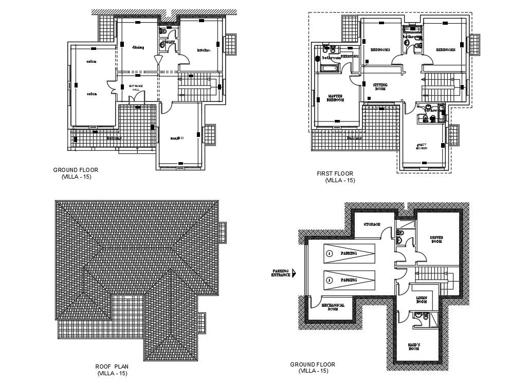 DWG drawing file has the villa of basement plan, ground floor plan, first floor plan and roof plan. Download the DWG drawing file.