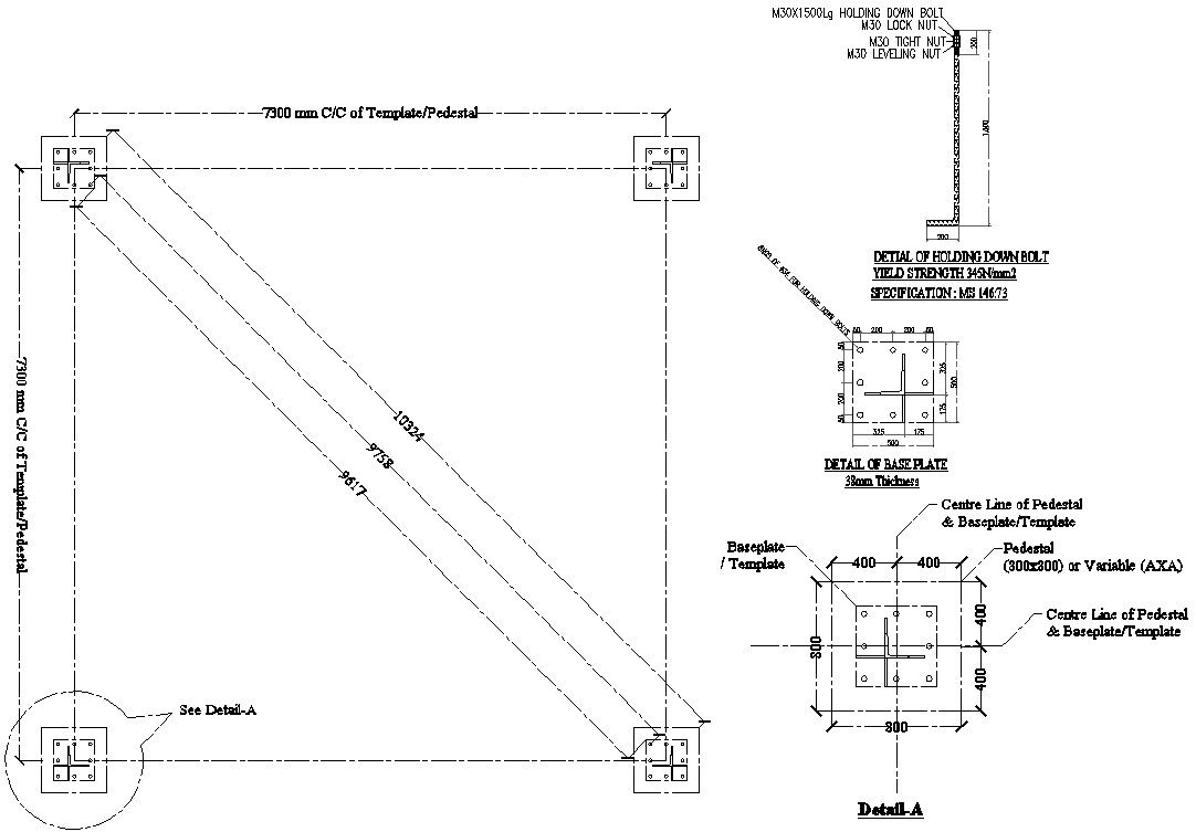 DWG drawing file showing the base plate and holding down bolt specification and the details of the mobile tower diagram.