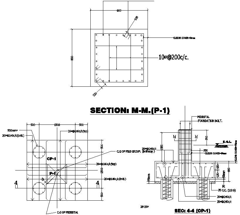 DWG drawing file showing the sectional details of the mobile network tower foundation diagram.