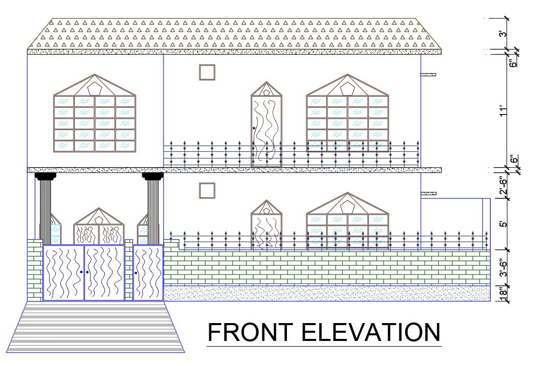 DWG drawing file shows the Front Elevation of 2BHK G+1 house plan AutoCAD DWG file,Download the AutoCAD Drawing file.