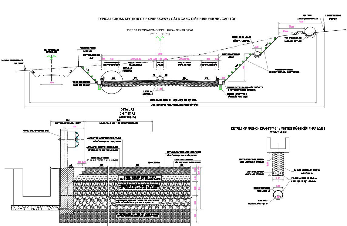 DWG drawing of the cross-section of the expressway details. Download the AutoCAD DWG file.