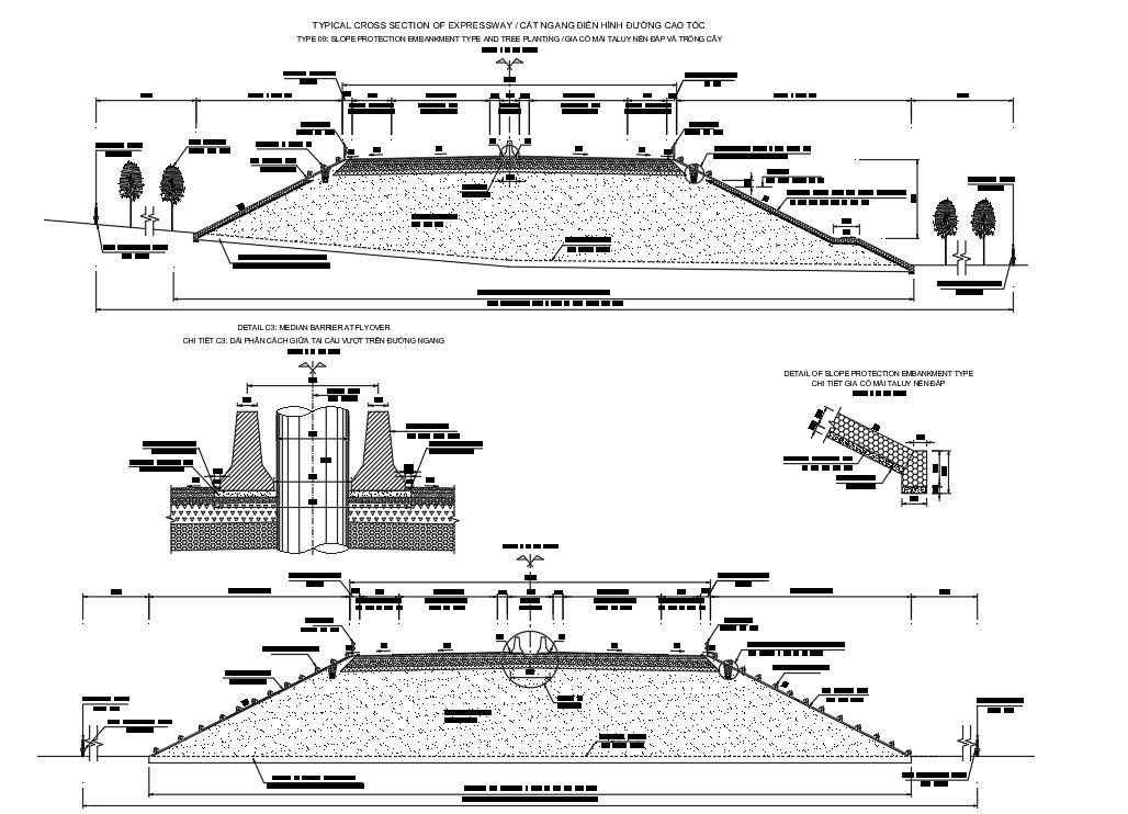 DWG drawing showing the typical cross-section of the expressway details.Download the AutoCAD DWG file.