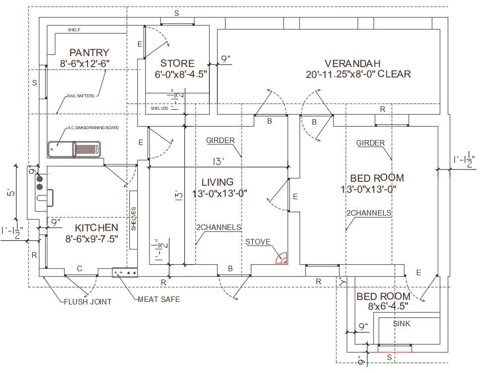 DWG file of Single story ground floor 2 bhk house plan of the size 38'X31'.Download Autocad DWG file.