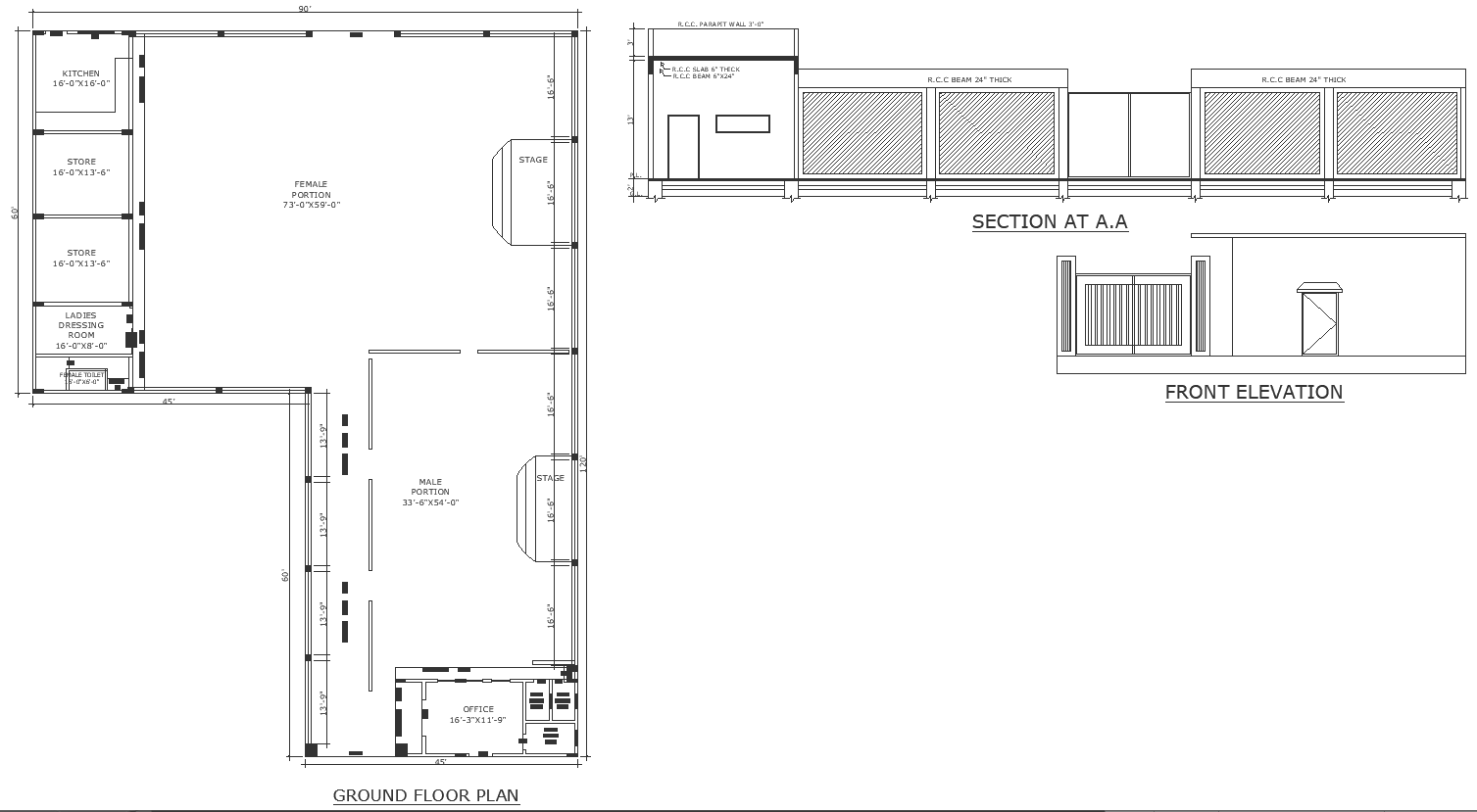 Dance studio detailed plan section and elevation DWG AutoCAD drawing