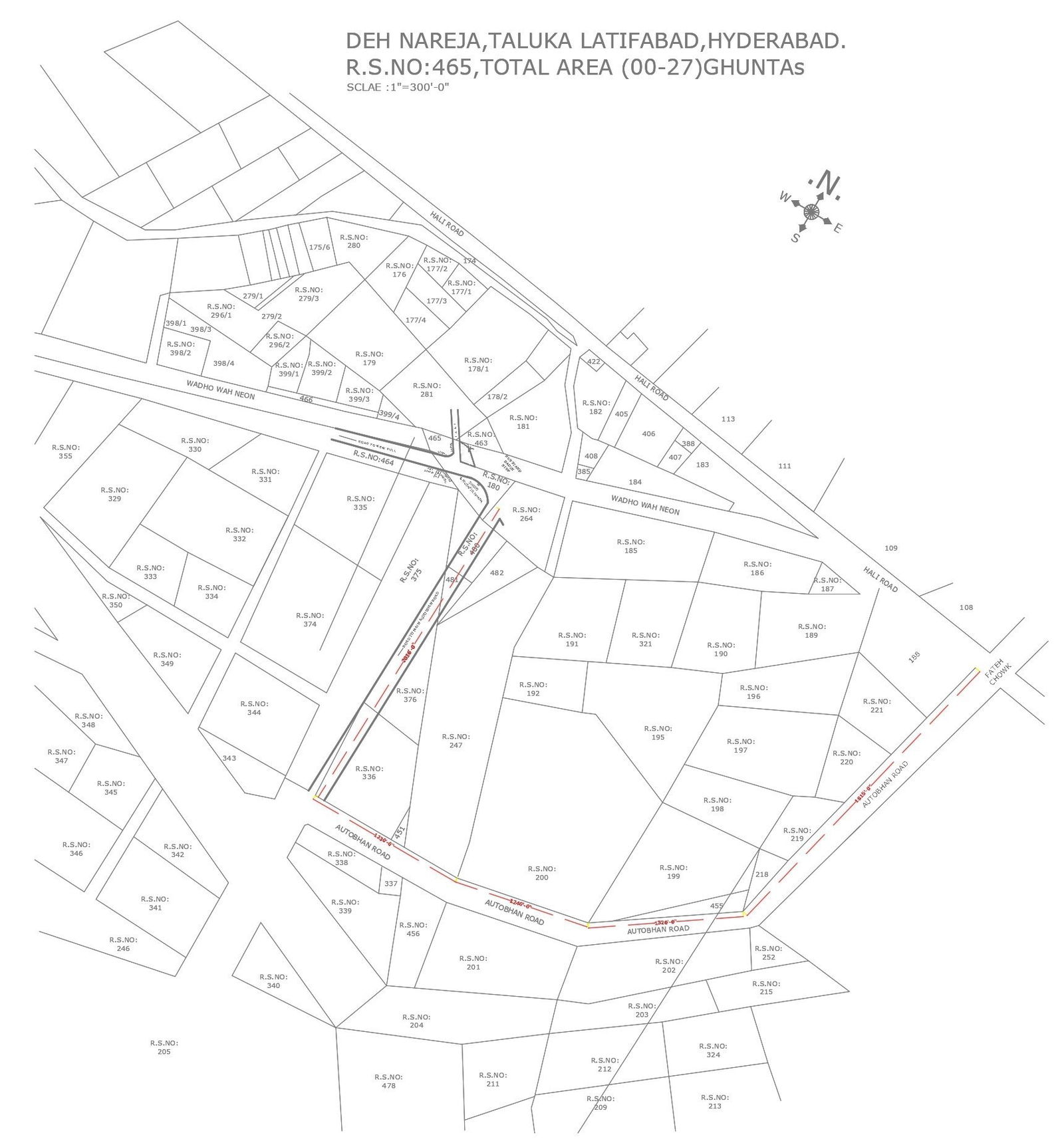 Deh Nareja Taluka Latifabad Hyderabad total area 27 ghutas layout plan detail DWG AutoCAD drawing