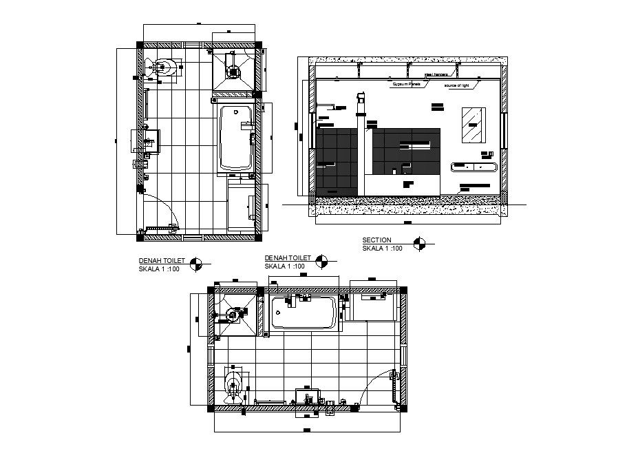 Denah house toilet section, plan and installation details dwg file