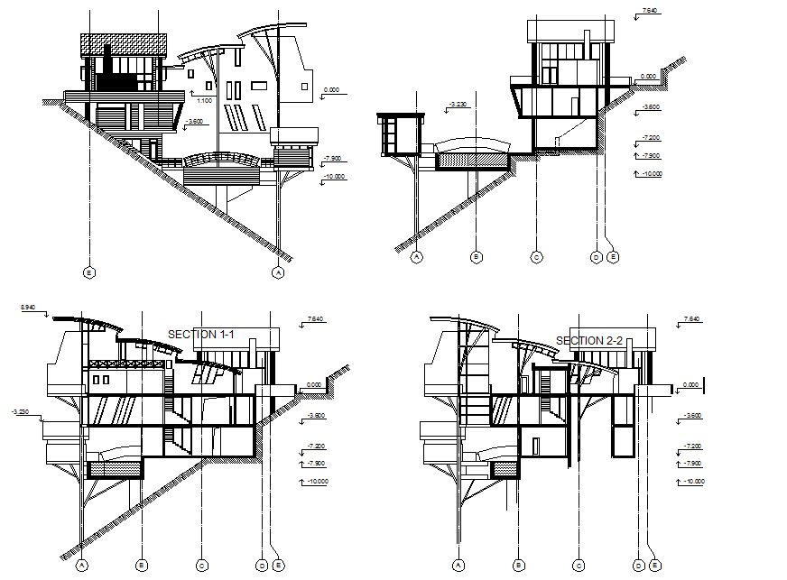 Depth sectional detail of bungalow dwg file