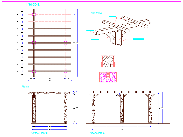 Design detail of wooden pergola with isometric view