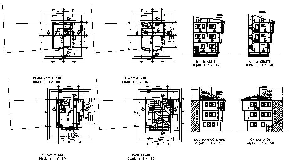 Design of 3 storey house plan with different section in autocad file