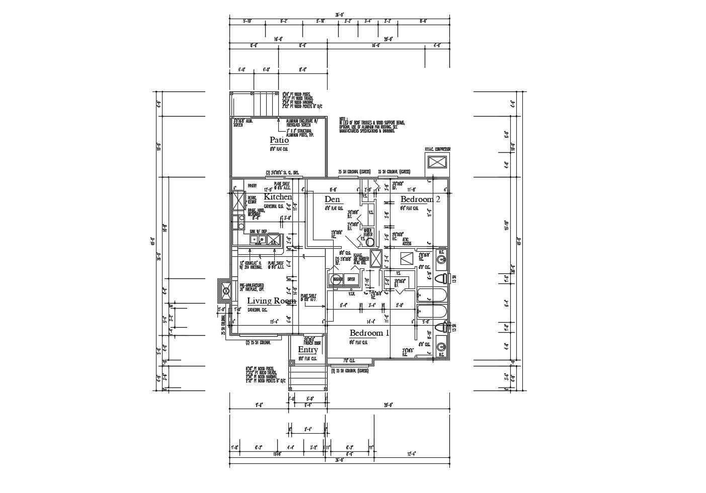 Design of House 36'' x 49'' with detail dimension in AutoCAD