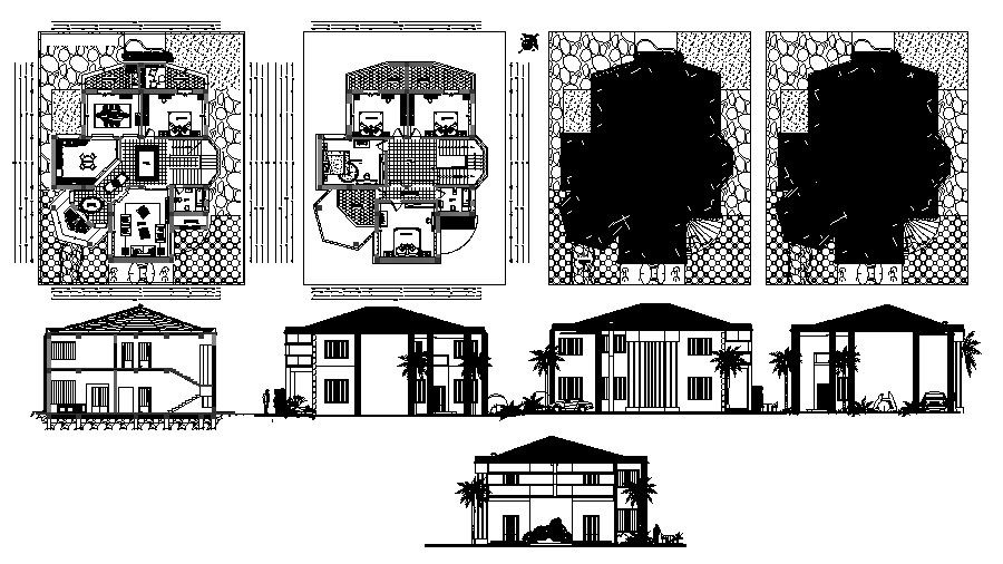 Design of Villa 14.65mtr x 17.03mtr with elevation and section in AutoCAD